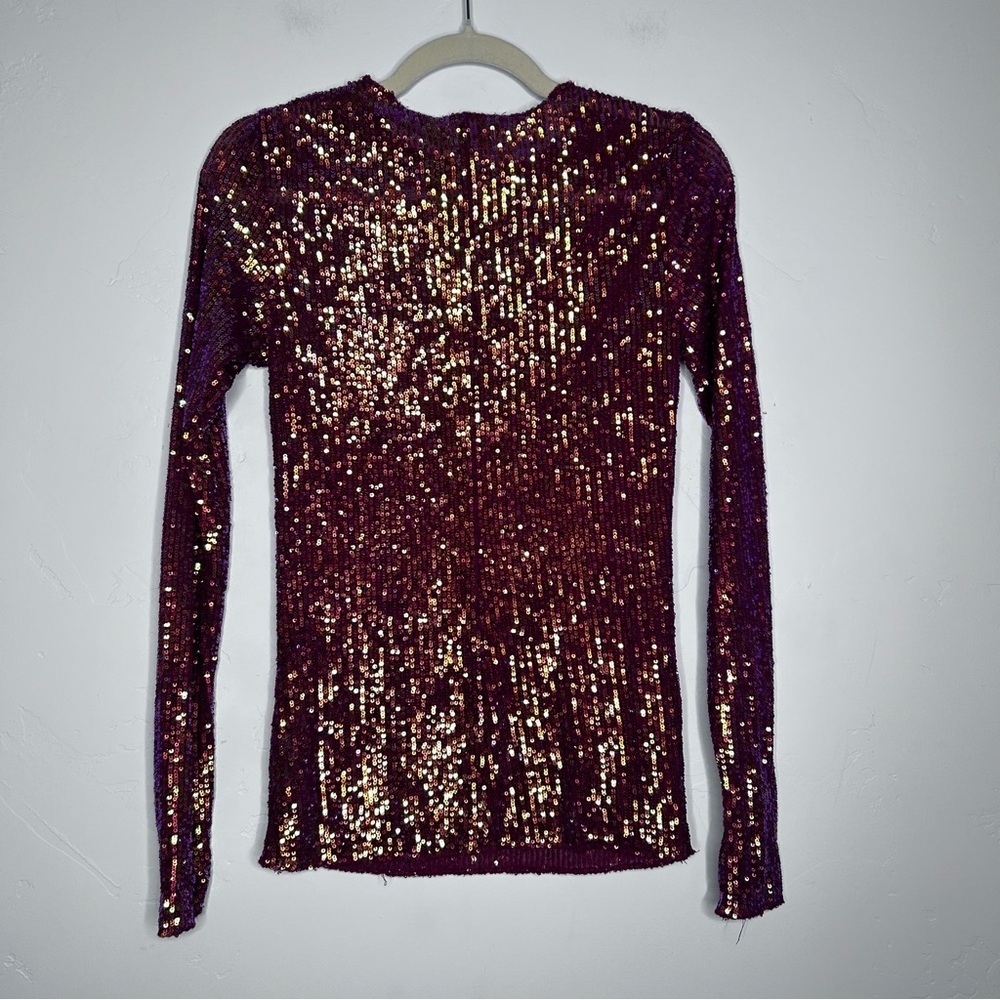 Free People Sparkling Sequin Long Sleeve Top Maroon Size Small Holiday NYE - Picture 2 of 10